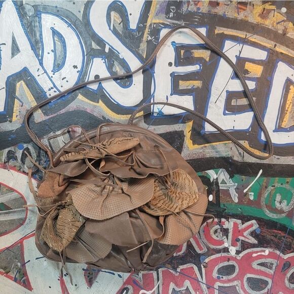 Brown Leather Ruffle Handbag Boho Chic Floral Accent Purse, Vintage-inspired - Picture 1 of 12